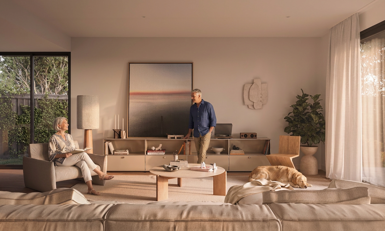 Hali Dromana — a warm interior, a couple, a dog, the last of the afternoon light